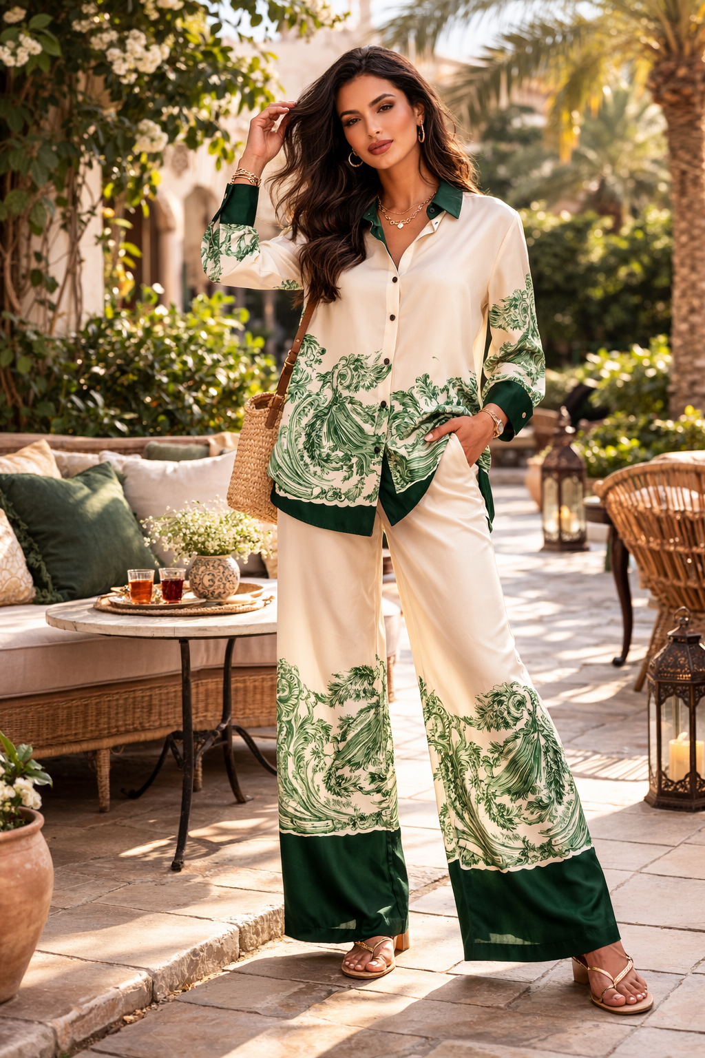 Woman in a green and white patterned outfit standing outdoors in a garden setting.