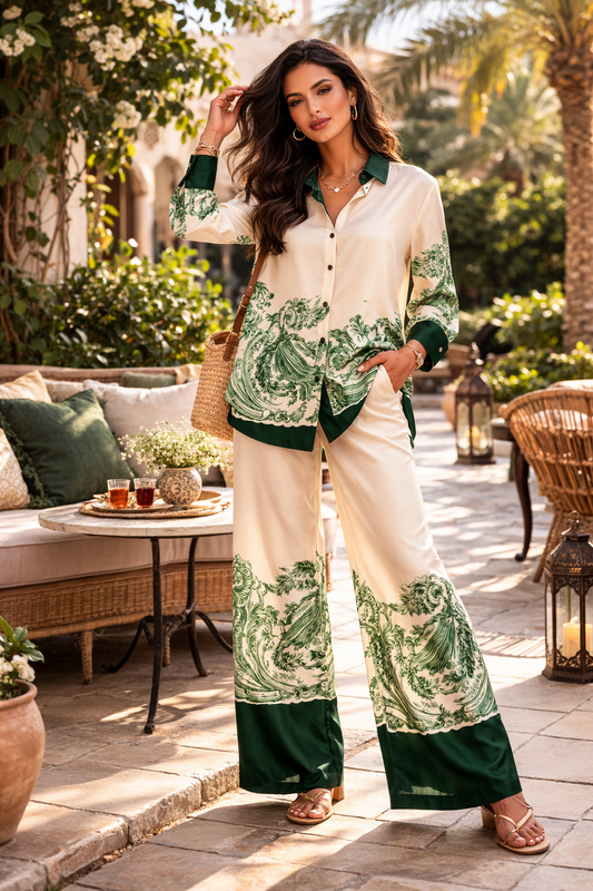 Woman in a green and white patterned outfit standing outdoors in a garden setting.